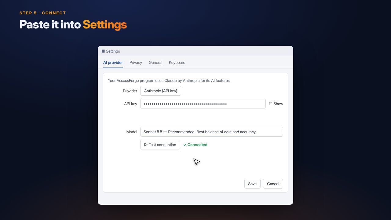 The AI provider settings in an AssessForge program