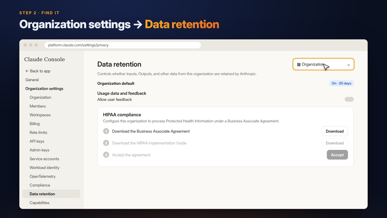 The Data retention page with the HIPAA compliance card